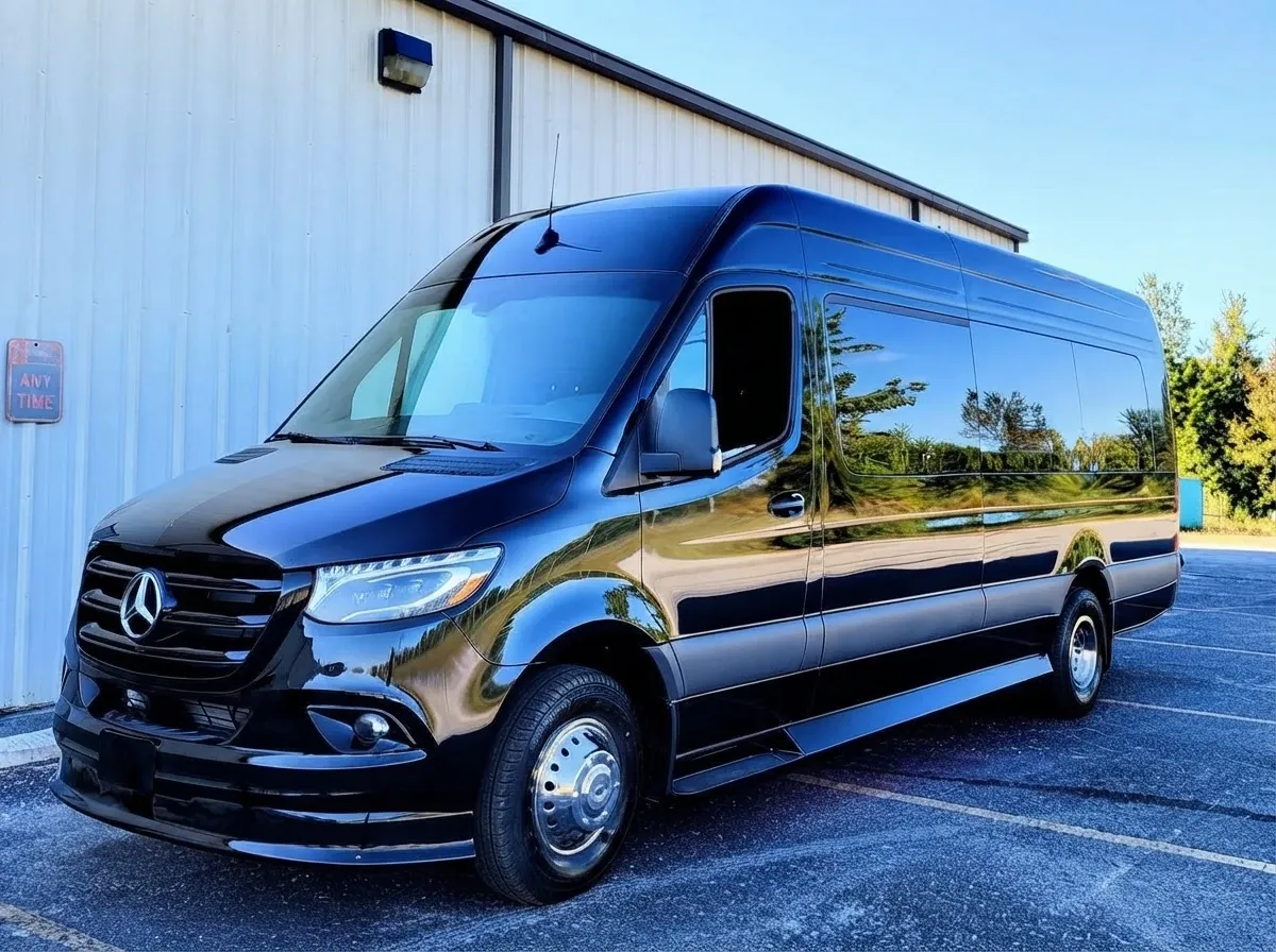 Black 2025 Mercedes-Benz Sprinter Limousine (Sebastian) for party bus rental Black 2025 Mercedes-Benz Sprinter Limousine (Sebastian) for party bus rental