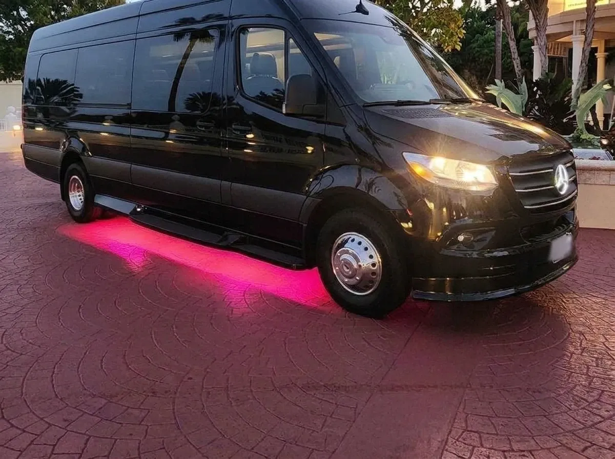 Black 2026 Mercedes-Benz Sprinter Limousine (Sylvester) for party bus rental Black 2026 Mercedes-Benz Sprinter Limousine (Sylvester) for party bus rental