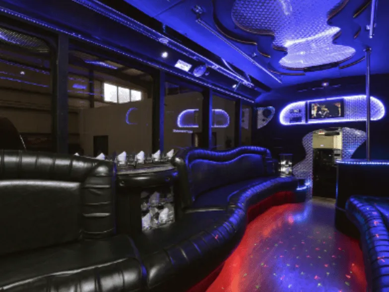 Black GMC party bus interior for party bus rental in Alexandria, AL