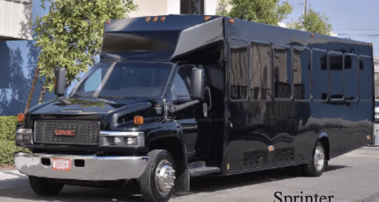 Black GMC party bus exterior for party bus rental in Alexandria, AL