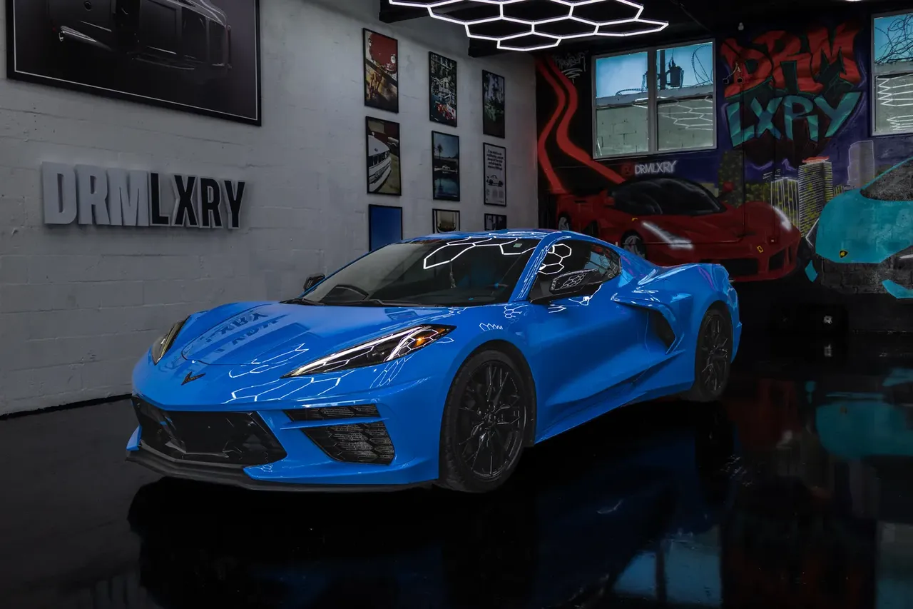 Blue Chevrolet Corvette Stingray Coupe for exotic car rental in Miami, FL Blue Chevrolet Corvette Stingray Coupe for exotic car rental in Miami, FL