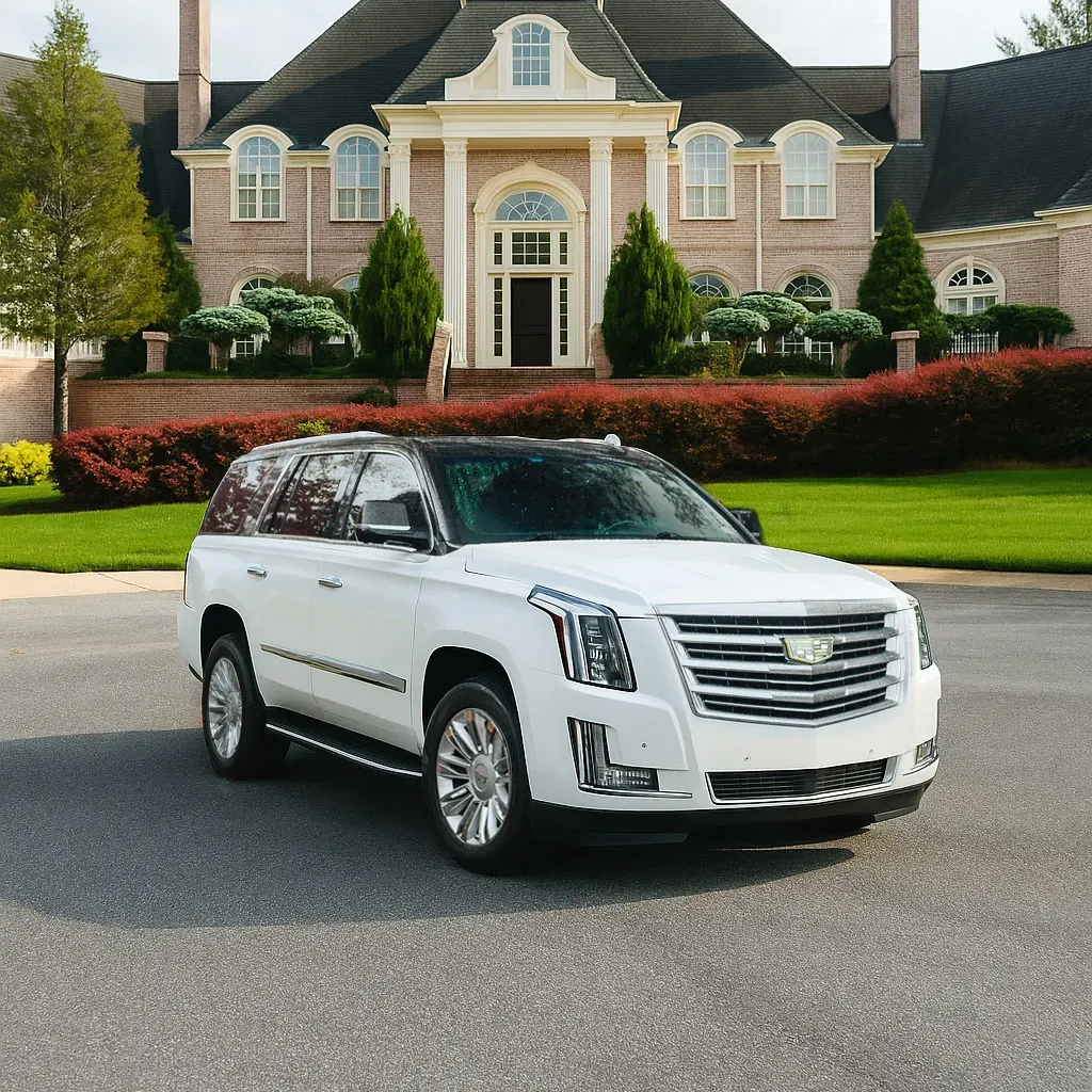 White Cadillac Escalade Platinum Starlight Roof for airport transfers White Cadillac Escalade Platinum Starlight Roof for airport transfers