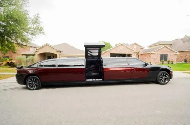 Black Charger Limousine with tinted windows and bridal (jet) door for prom car rental in Schertz, TX Black Charger Limousine with tinted windows and bridal (jet) door for prom car rental in Schertz, TX