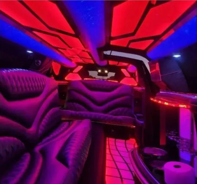 Charger Limousine interior with LED accent lighting, LED ceiling lighting and lit dance floor for prom car rental in Schertz, TX Charger Limousine interior with LED accent lighting, LED ceiling lighting and lit dance floor for prom car rental in Schertz, TX