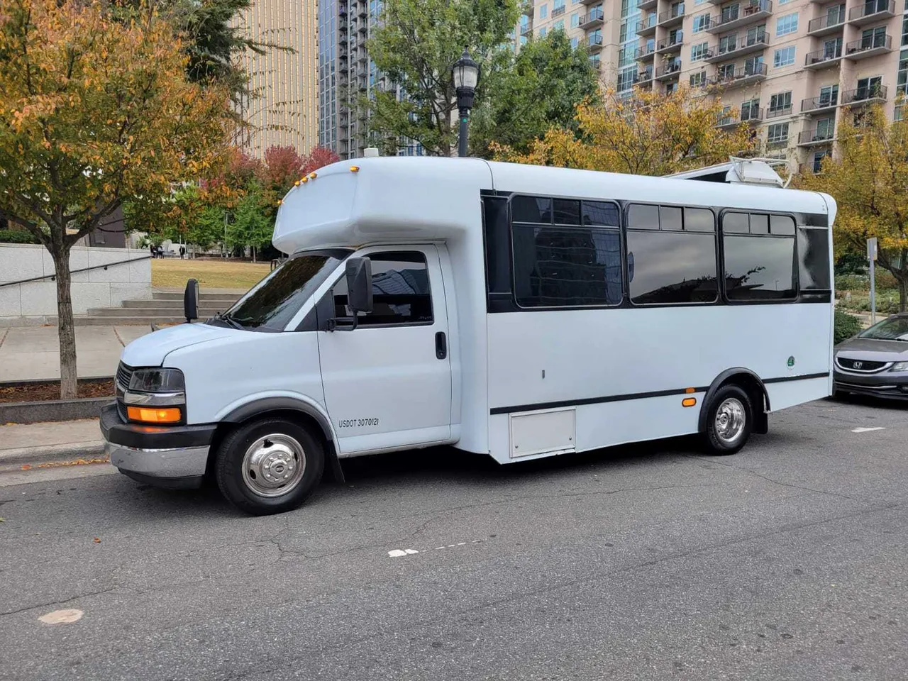 White Chevrolet Party Bus exterior for party bus rental in Islandton, SC