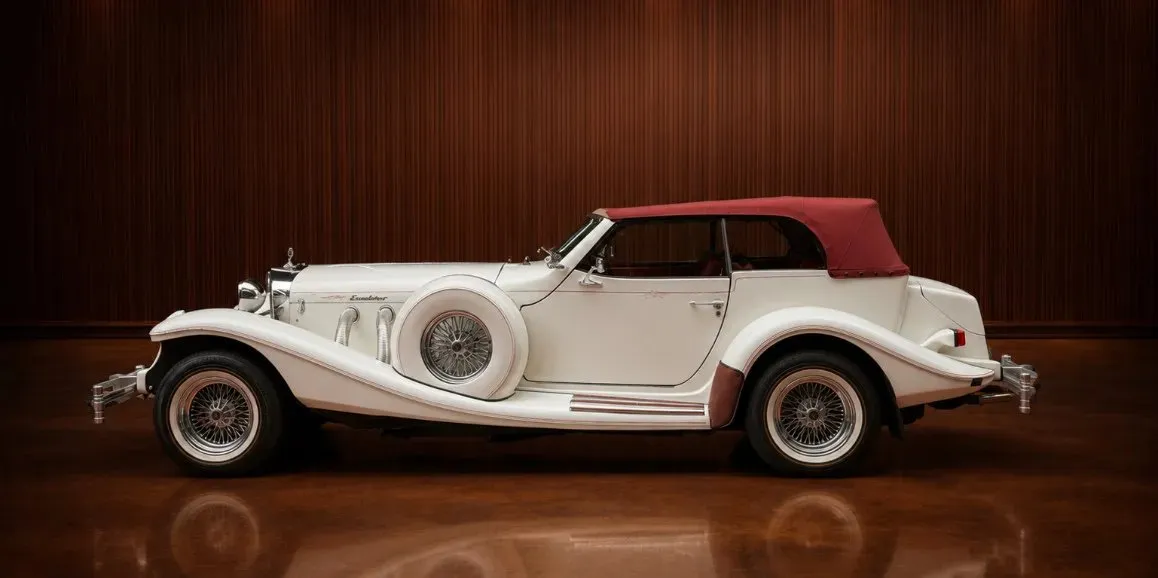 White Excalibur Phaeton (Vintage) exterior with convertible roof, photo 3 for wedding car rental