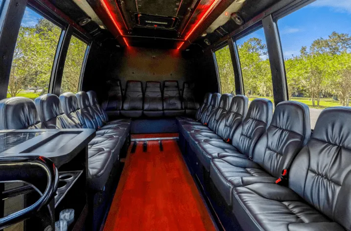 Executive Limo Bus interior for party bus rental in Hamburg, IA