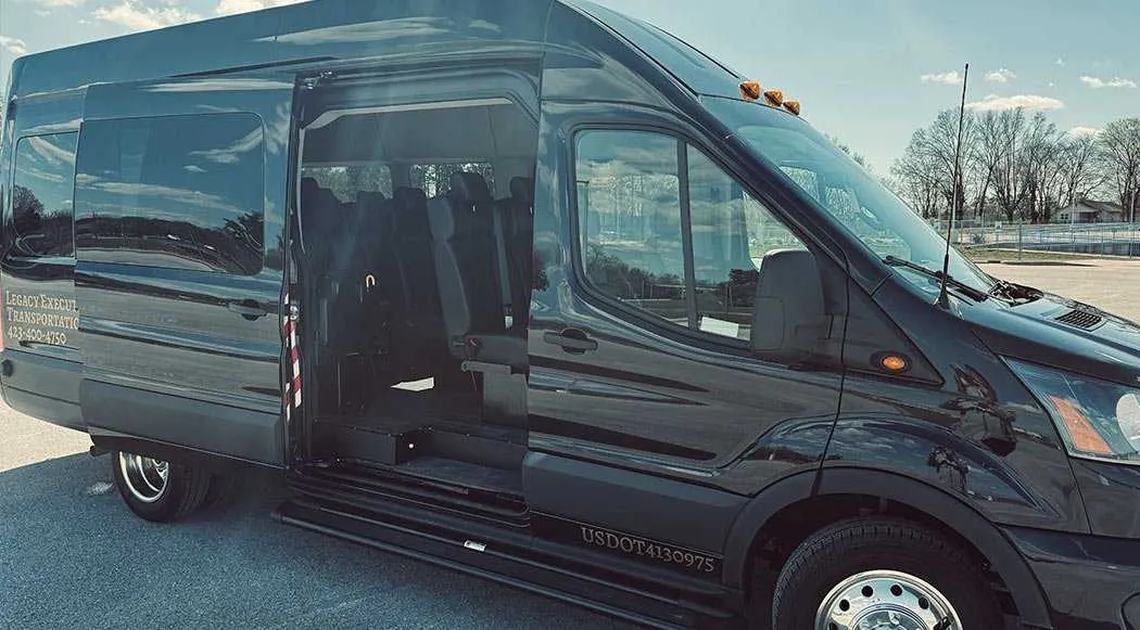 Black Ford Transit Executive for mini coach rental in Falmouth, KY