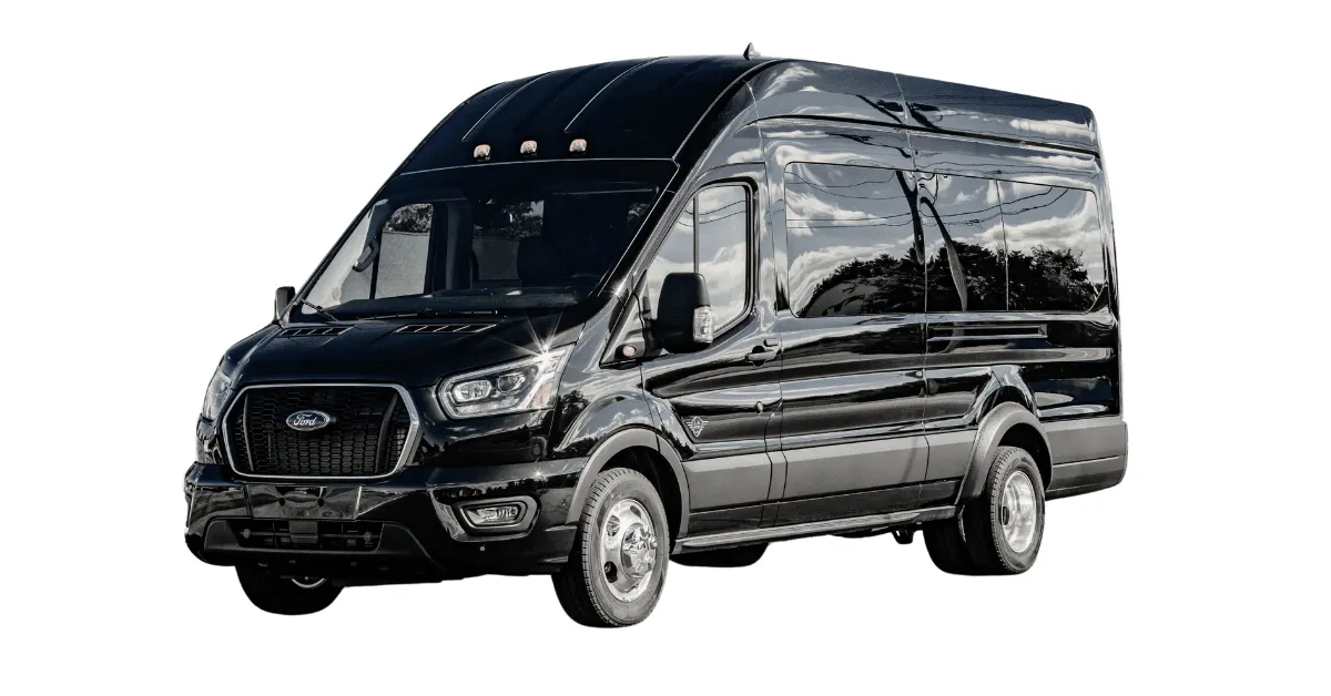 Black Ford Transit Executive Shuttle for mini coach rental in Syracuse, MO