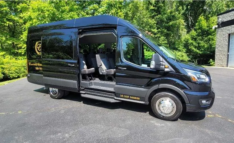 Black Ford Transit High Top Luxury Van for mini coach rental in Hannawa Falls, NY
