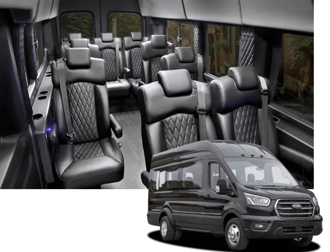 Black Ford Transit High Top for mini coach rental in Punta Gorda, FL