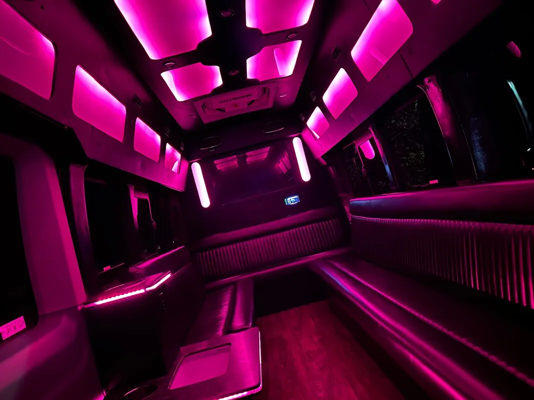 Ford Transit Van interior with perimeter lounge seating, LED accent lighting and LED ceiling lighting, photo 3 for party bus rental Ford Transit Van interior with perimeter lounge seating, LED accent lighting and LED ceiling lighting, photo 3 for party bus rental