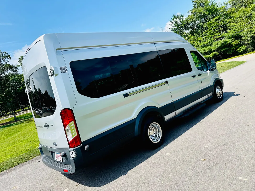 White Ford Transit VAN #2 for mini coach rental in Peach Bottom, PA