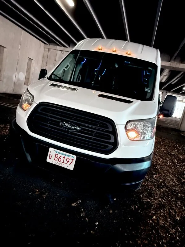 White Ford Transit VAN exterior for mini coach rental in Medfield, MA