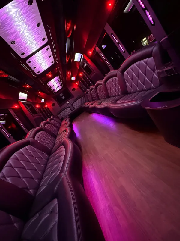 Freightliner Party Bus interior with perimeter lounge seating, LED ceiling lighting and wood-look flooring, photo 11 for party bus rental in North Attleboro, MA Freightliner Party Bus interior with perimeter lounge seating, LED ceiling lighting and wood-look flooring, photo 11 for party bus rental in North Attleboro, MA
