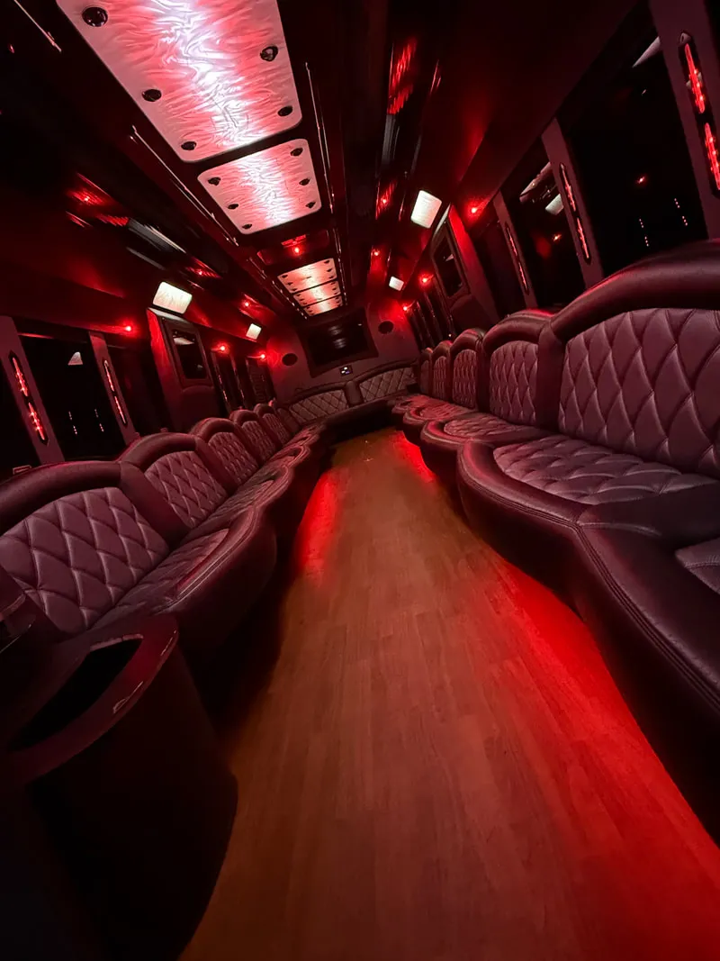 Freightliner Party Bus interior with perimeter lounge seating, LED ceiling lighting and wood-look flooring, photo 9 for party bus rental in North Attleboro, MA Freightliner Party Bus interior with perimeter lounge seating, LED ceiling lighting and wood-look flooring, photo 9 for party bus rental in North Attleboro, MA