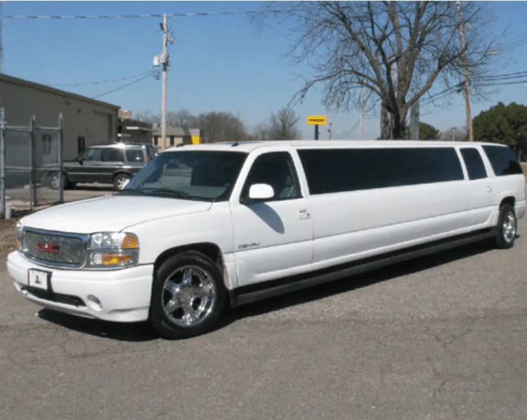 White GMC Denali Limousine exterior, photo 2 for prom car rental in Bondville, IL