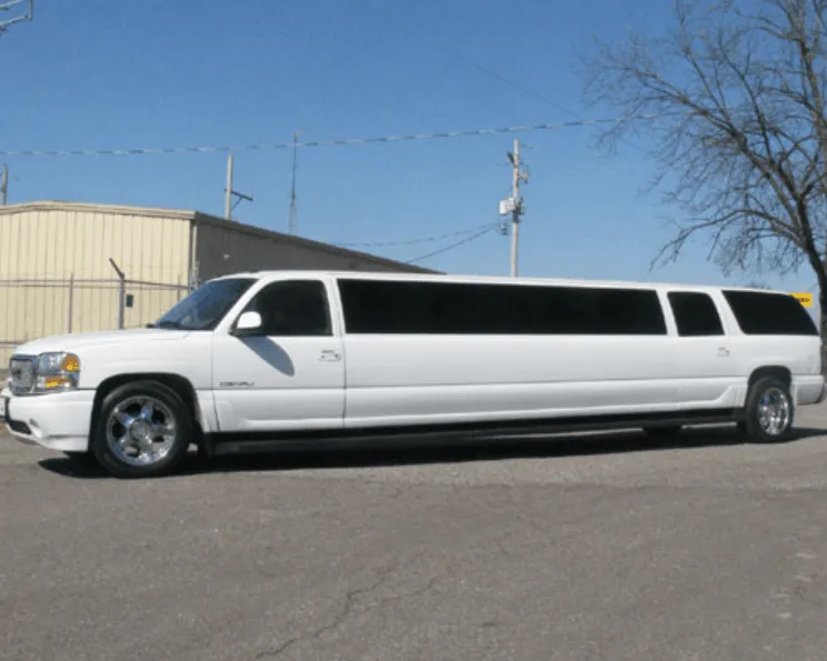 White GMC Denali Limousine exterior, photo 3 for prom car rental in Bondville, IL