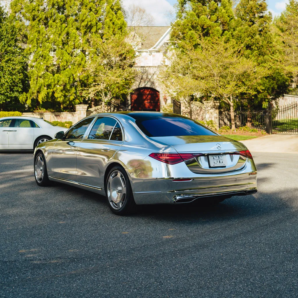 Silver ‘Kanye Maybach’ Full Chrome 2022 Mercedes-Benz S580, photo 10 for wedding car rental in Rockville, MD Silver ‘Kanye Maybach’ Full Chrome 2022 Mercedes-Benz S580, photo 10 for wedding car rental in Rockville, MD