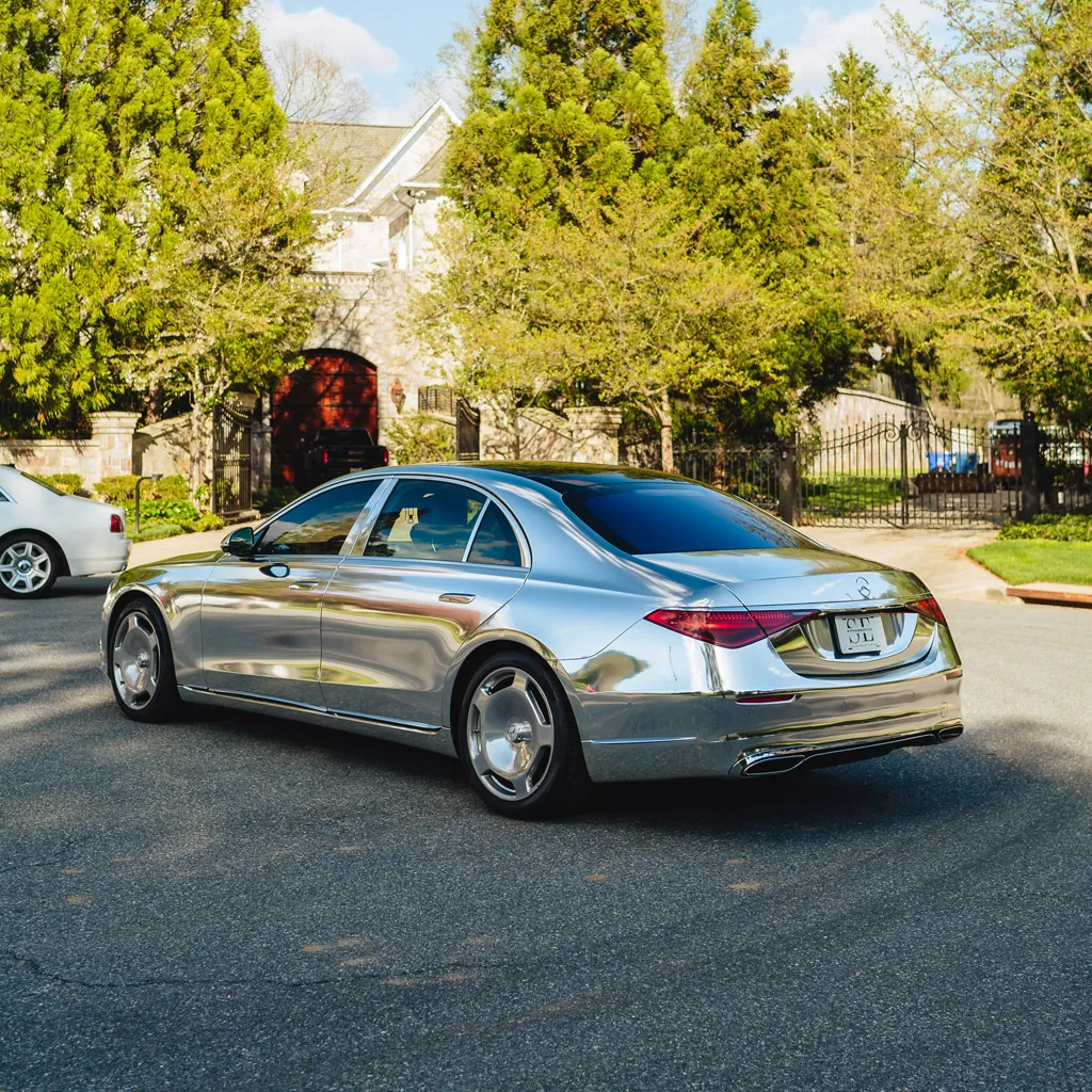 Silver ‘Kanye Maybach’ Full Chrome 2022 Mercedes-Benz S580, photo 12 for wedding car rental in Rockville, MD Silver ‘Kanye Maybach’ Full Chrome 2022 Mercedes-Benz S580, photo 12 for wedding car rental in Rockville, MD