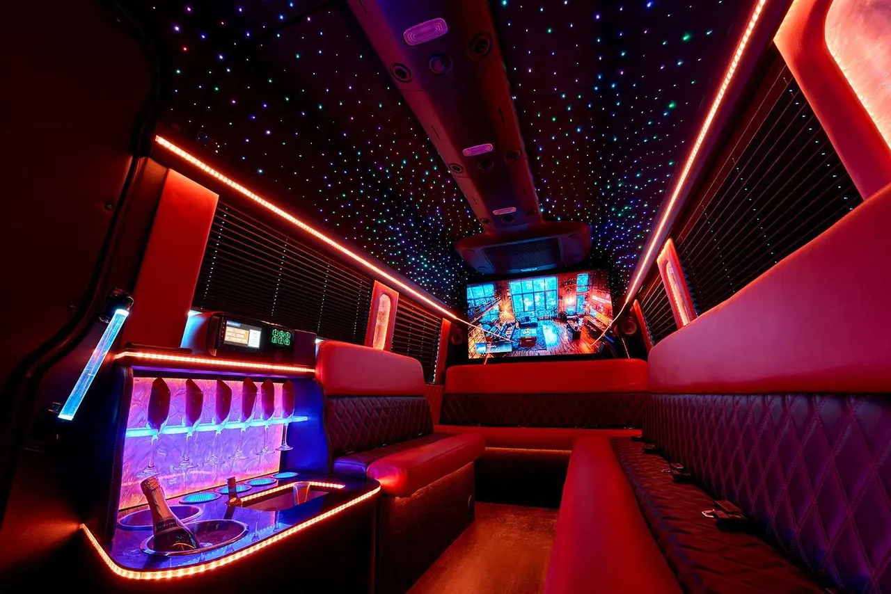 Up to 15 Passenger Limo Bus interior with perimeter lounge seating, window shades and LED accent lighting for party bus rental in Northboro, IA