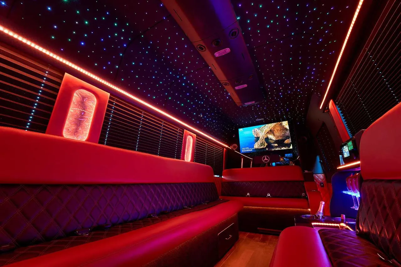 Up to 15 Passenger Limo Bus interior with perimeter lounge seating, window shades and LED accent lighting, photo 2 for party bus rental in Northboro, IA