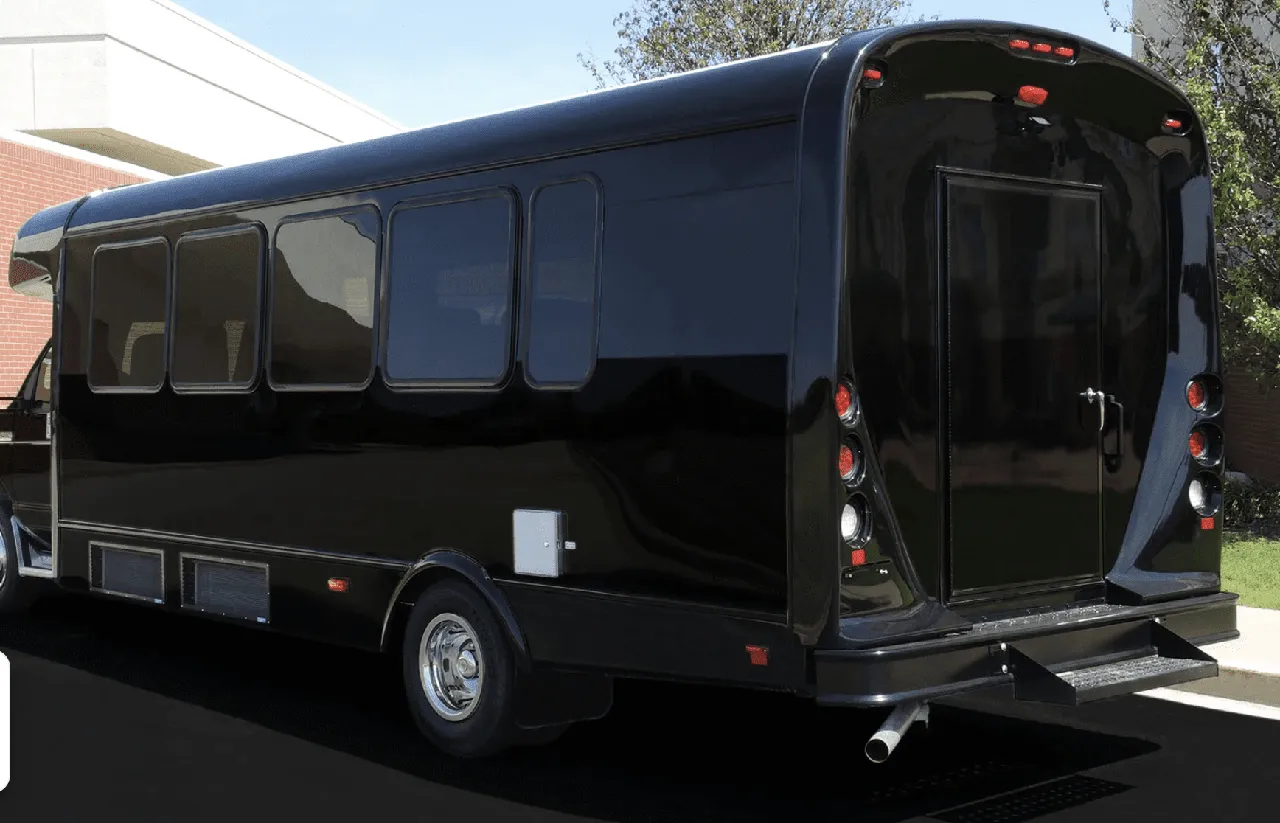 Black Limo Coach exterior for party bus rental in New Galilee, PA