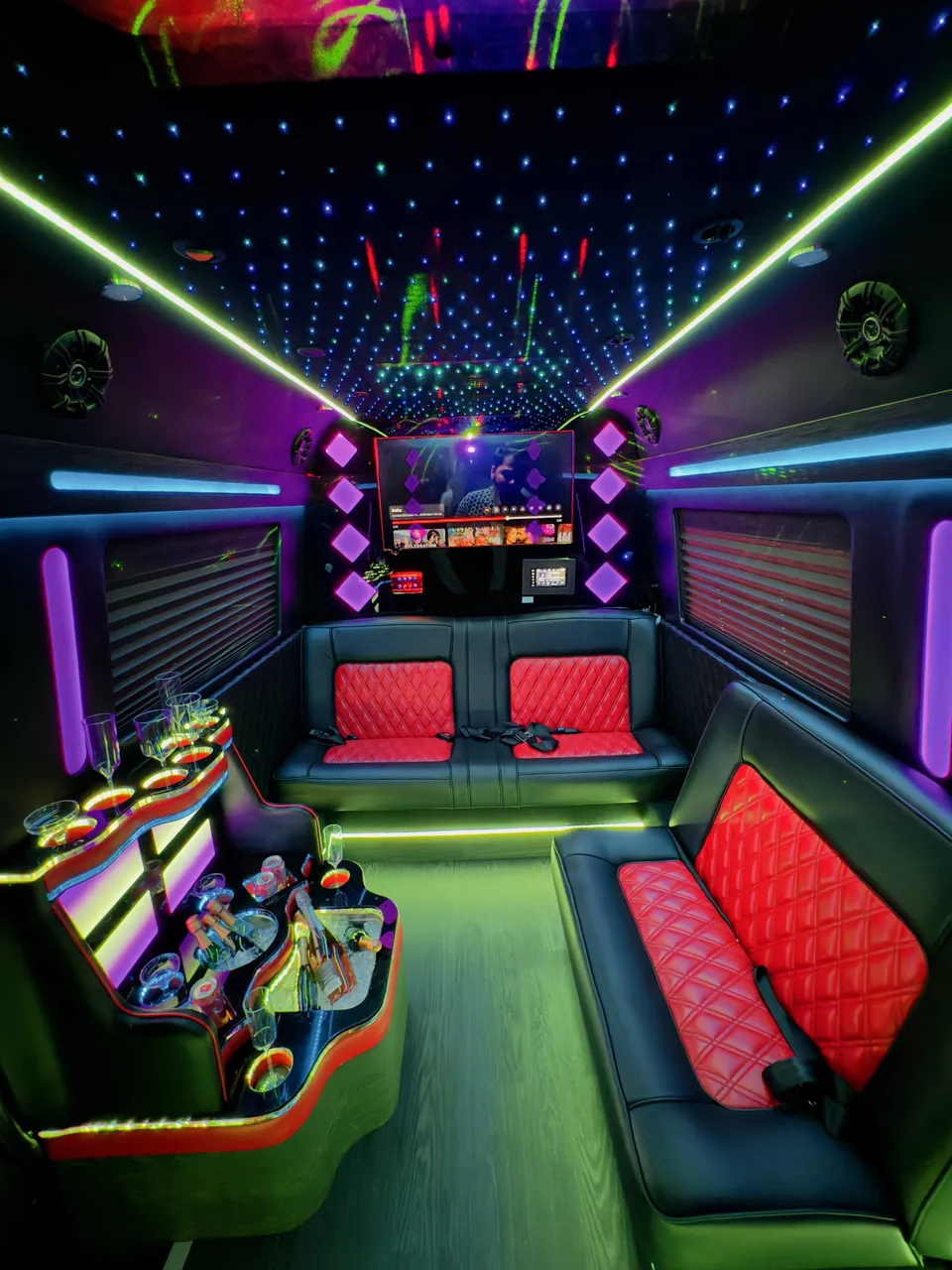 Limo Sprinter interior for party bus rental in Witter Springs, CA