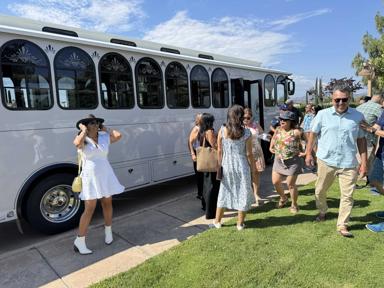 White Limousine Wedding Trolley for novelty car rental in Murrieta, CA
