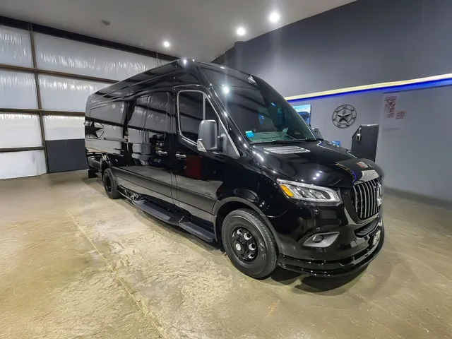 Black Mercedes-Benz Sprinter Executive Limo for mini coach rental in Pearsall, TX