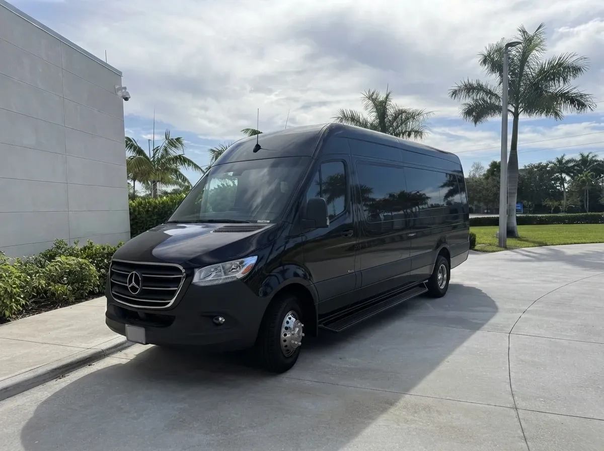 Black Mercedes-Benz Sprinter Limousine for party bus rental Black Mercedes-Benz Sprinter Limousine for party bus rental