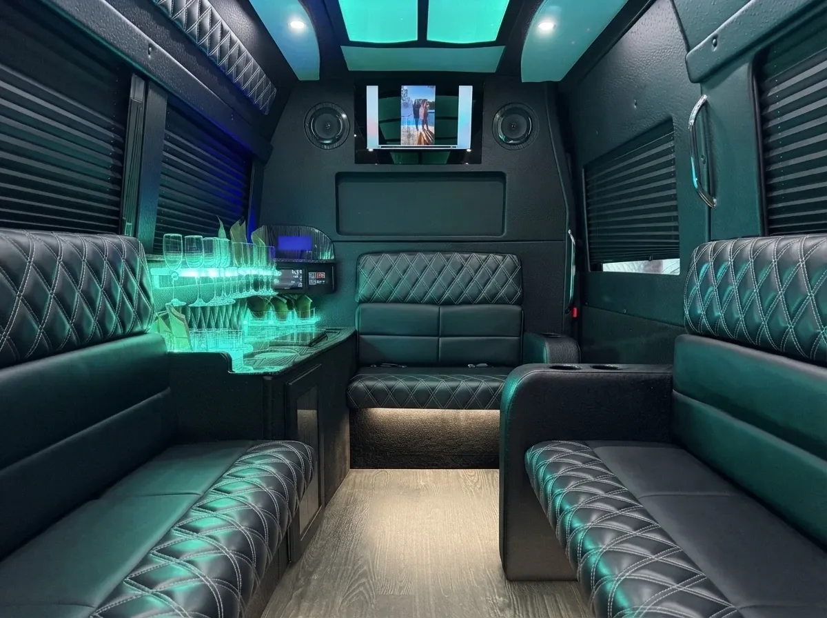 Black Mercedes-Benz Sprinter Limousine, photo 2 for party bus rental Black Mercedes-Benz Sprinter Limousine, photo 2 for party bus rental