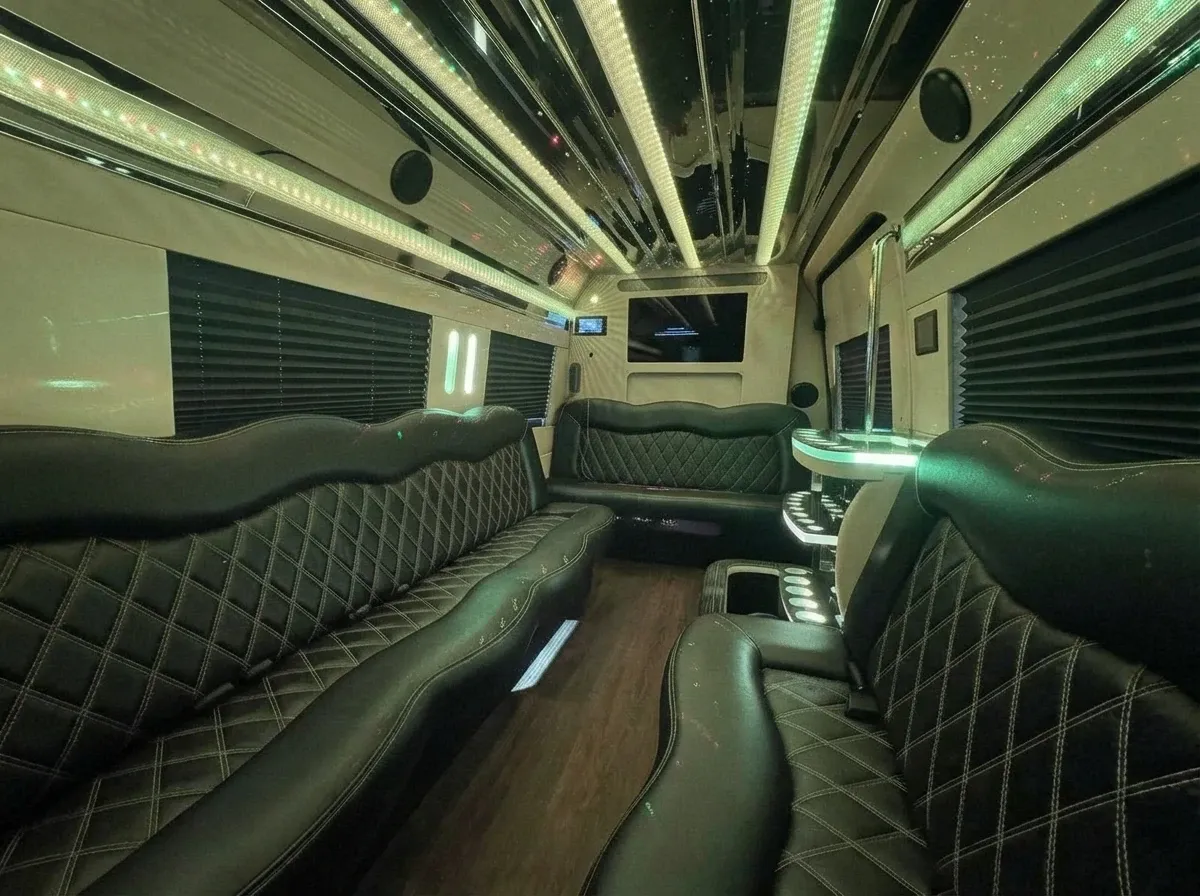 Black Mercedes-Benz Sprinter Limousine for party bus rental Black Mercedes-Benz Sprinter Limousine for party bus rental