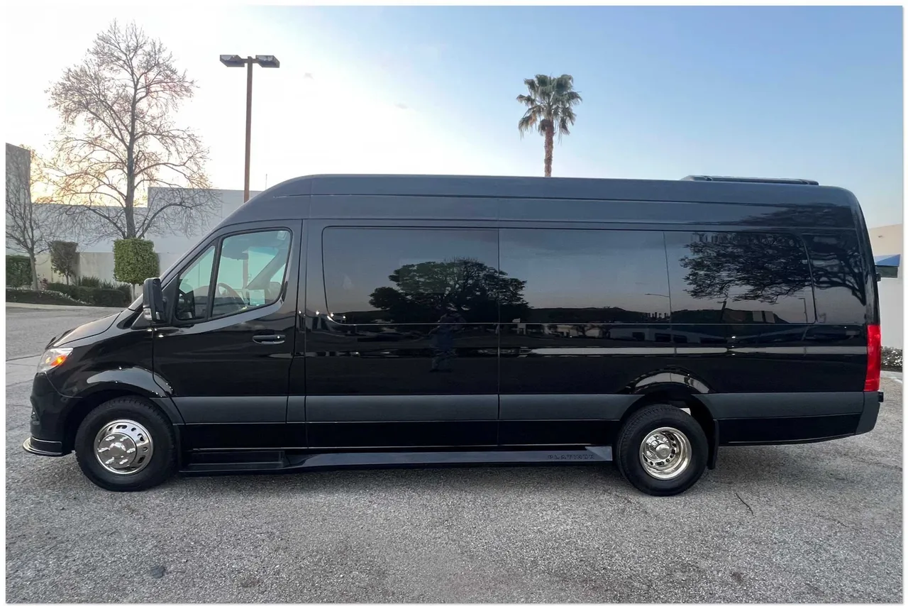 Black Mercedes-Benz Sprinter Limousine for party bus rental Black Mercedes-Benz Sprinter Limousine for party bus rental