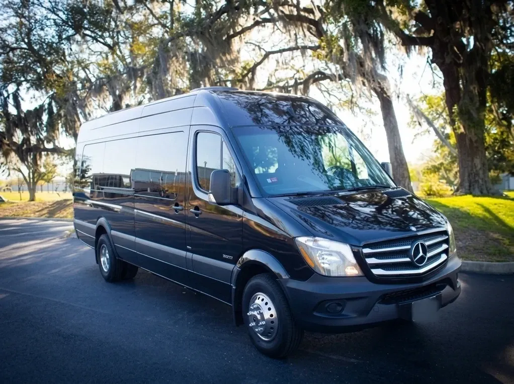 Black Mercedes-Benz Sprinter Limousine for party bus rental Black Mercedes-Benz Sprinter Limousine for party bus rental