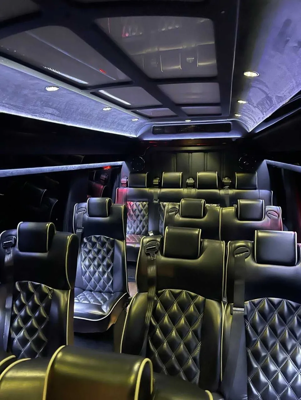 Mercedes Executive Sprinter interior with captain's chairs and LED ceiling lighting for mini coach rental in Branch, MI