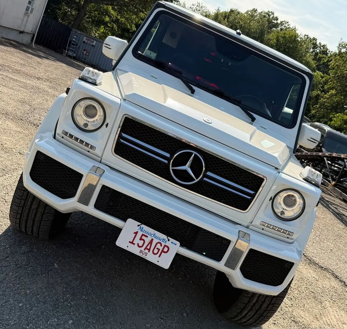 White Mercedes-Benz G Wagon exterior for limo rental White Mercedes-Benz G Wagon exterior for limo rental