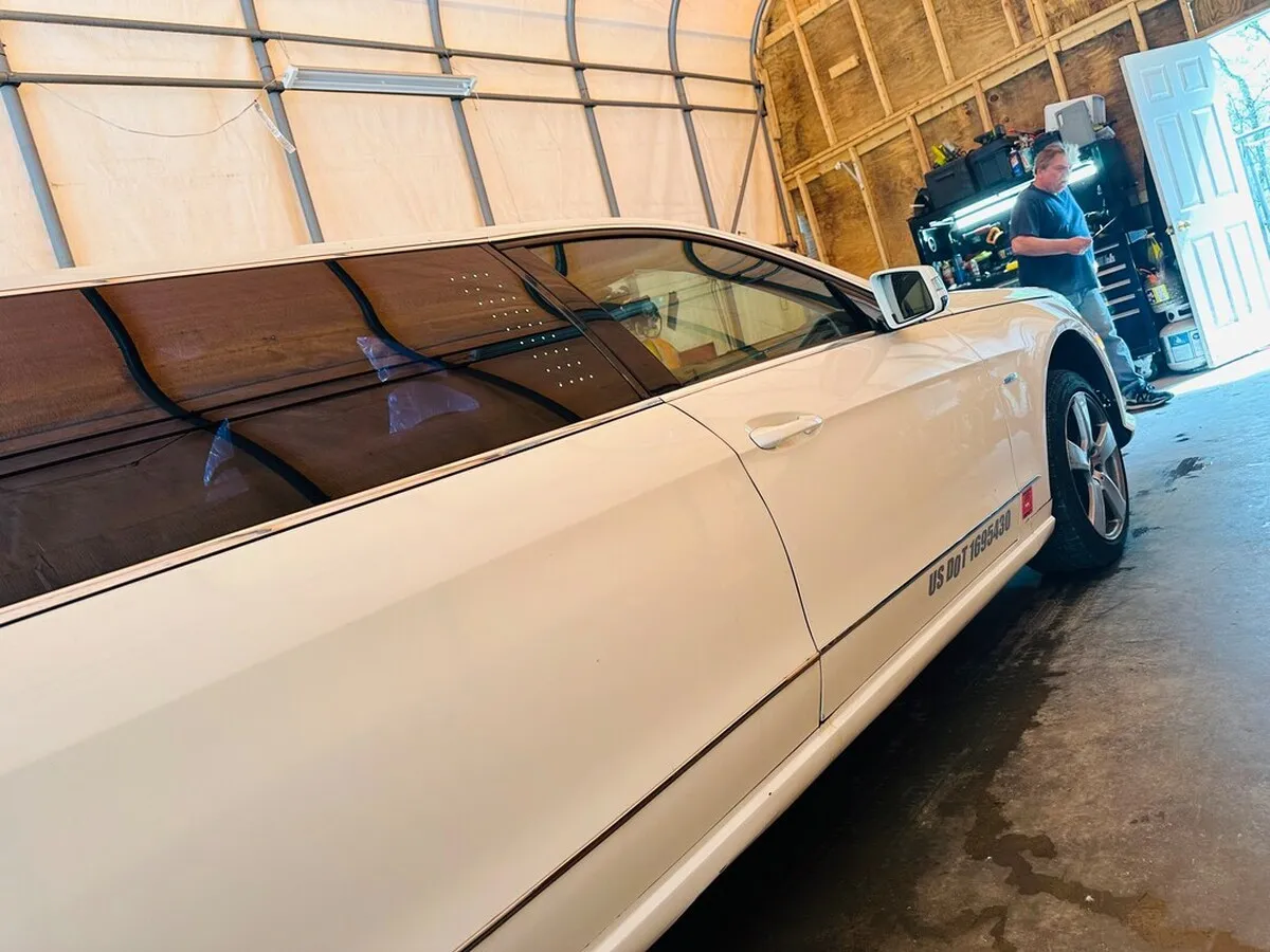 White Mercedes JET Doors Limousine exterior with tinted windows, photo 6 for limo rental in North Berwick, ME