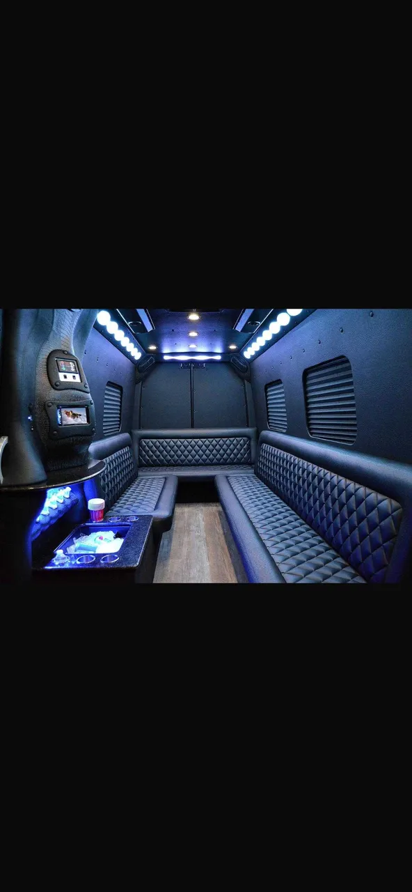 Mercedes Limo Coach interior for party bus rental in Brownsville, MN