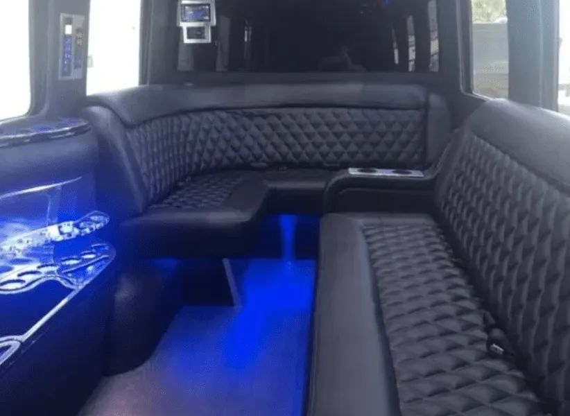 Mercedes Limo Sprinter interior for party bus rental in Bay City, TX