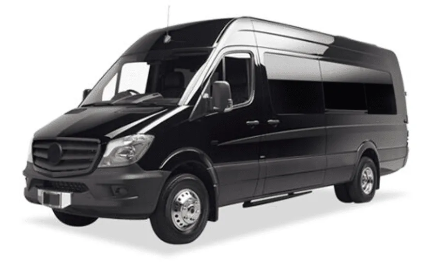 Black Mercedes Limo Sprinter for minibus rental in Hughes Springs, TX
