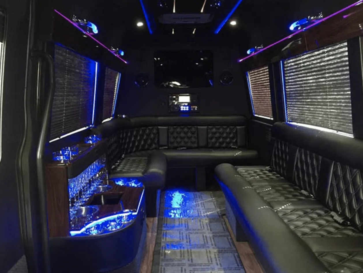 Mercedes Limo Sprinter interior for party bus rental in Bent, NM