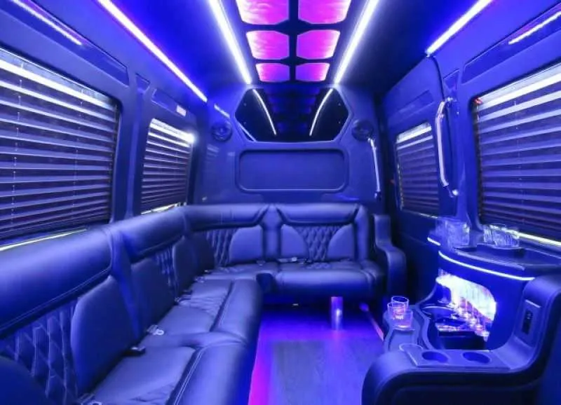 Mercedes Limo Sprinter interior for party bus rental in Morgan Hill, CA