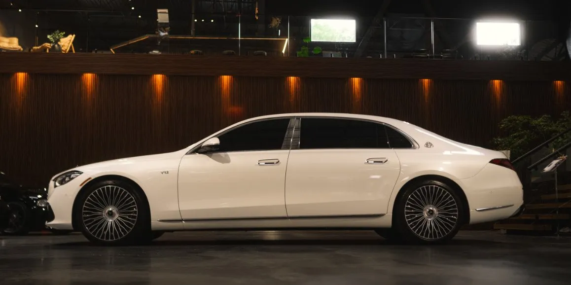 White Mercedes Maybach S Class exterior for luxury car rental in Bristol County, RI