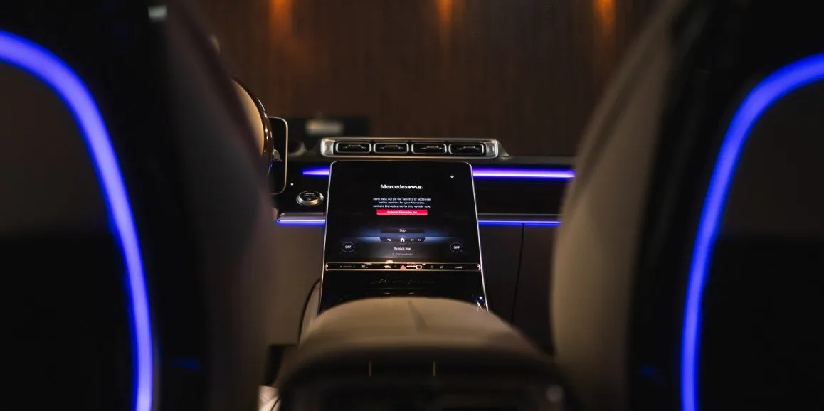 Mercedes Maybach S Class interior with LED accent lighting for luxury car rental in Bristol County, RI