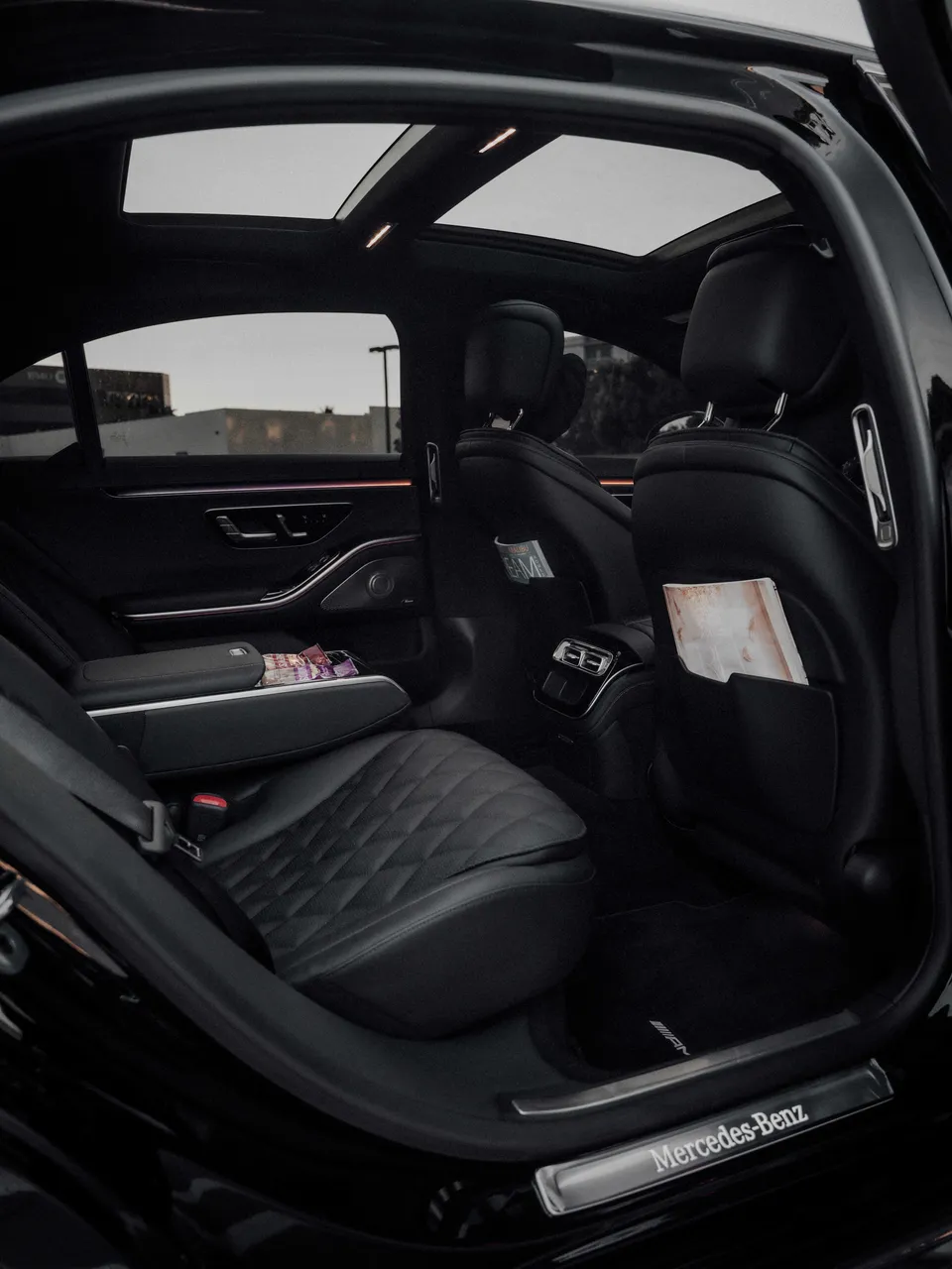 Mercedes-Benz S-Class interior with LED accent lighting for black car service in Kern County, CA Mercedes-Benz S-Class interior with LED accent lighting for black car service in Kern County, CA