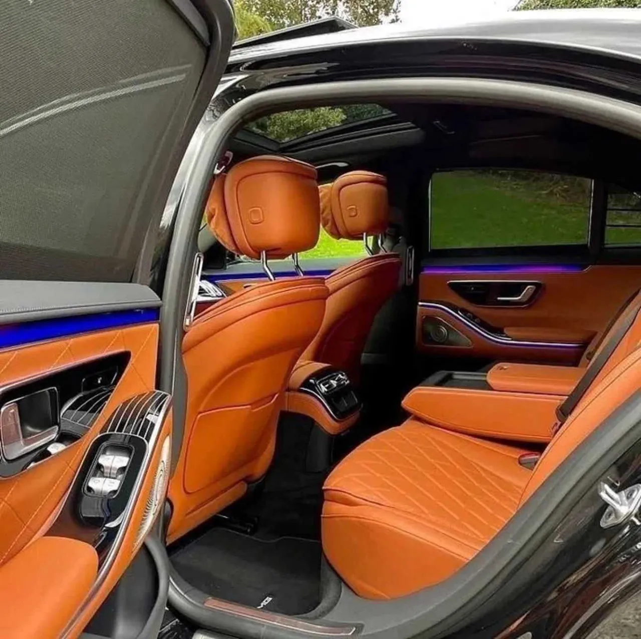 Mercedes-Benz S-Class interior with LED accent lighting for wedding car rental Mercedes-Benz S-Class interior with LED accent lighting for wedding car rental