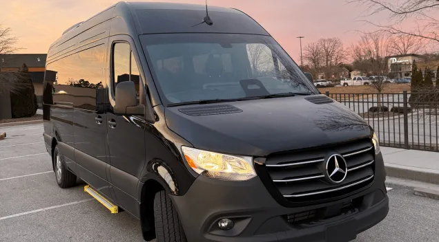 Black Mercedes Sprinter for mini coach rental in Blue Ridge, GA