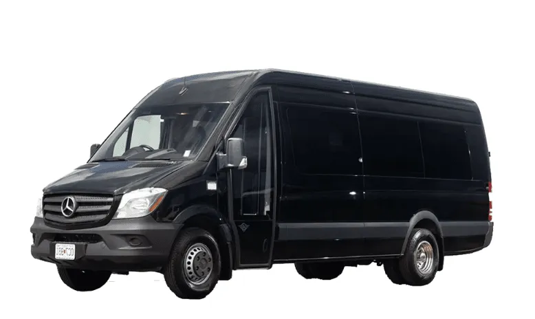 Black Mercedes Sprinter for mini coach rental in Dover, MA