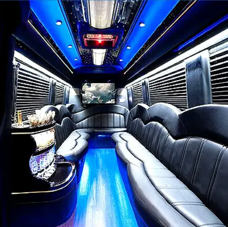 Mercedes Sprinter Limo interior for party bus rental in Santa Clarita, CA